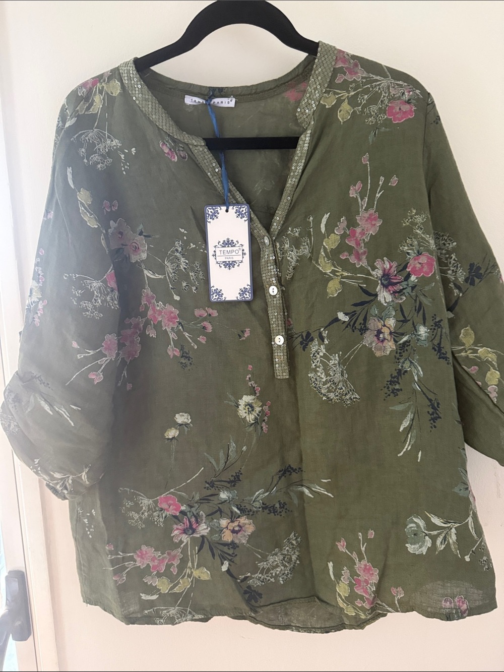 Tempo Paris Olive Green Floral Tunic Top